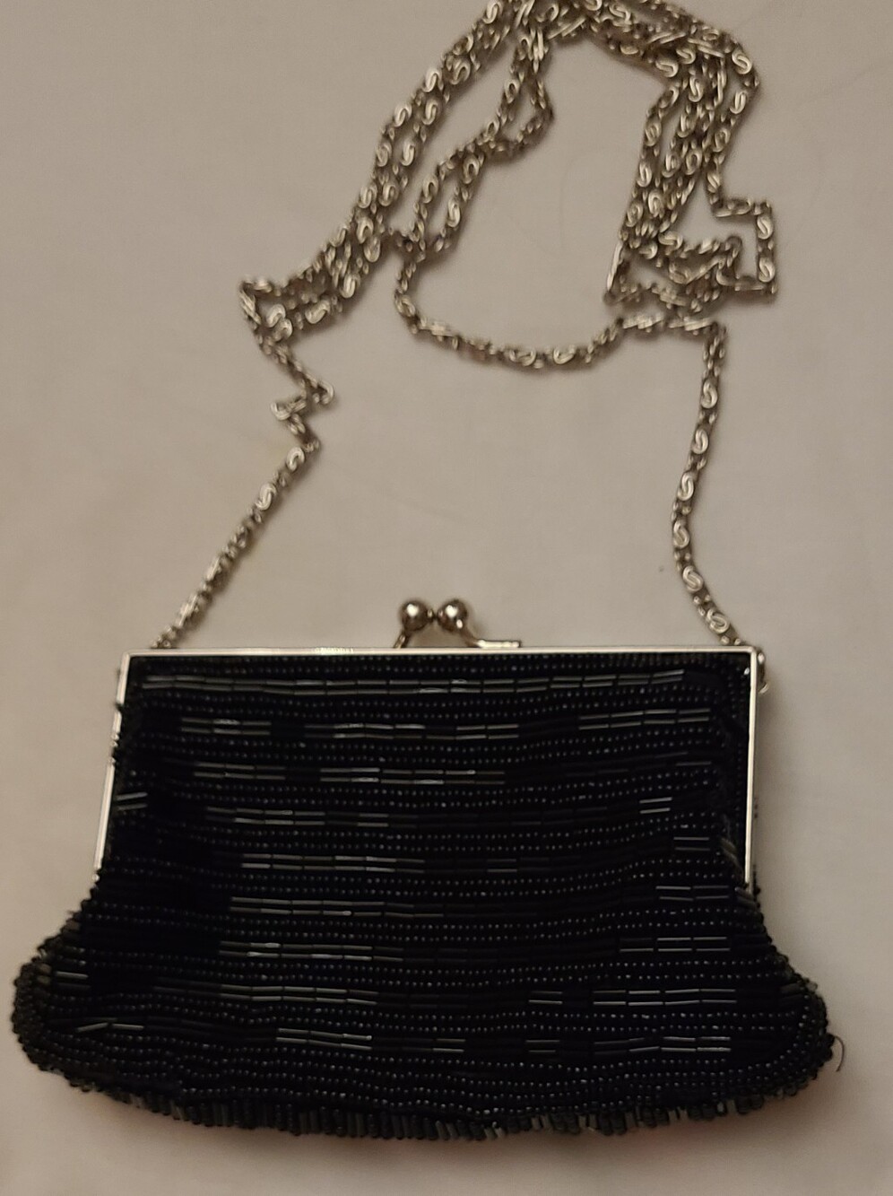 Black Beaded Evening Clutch with Silver Chain